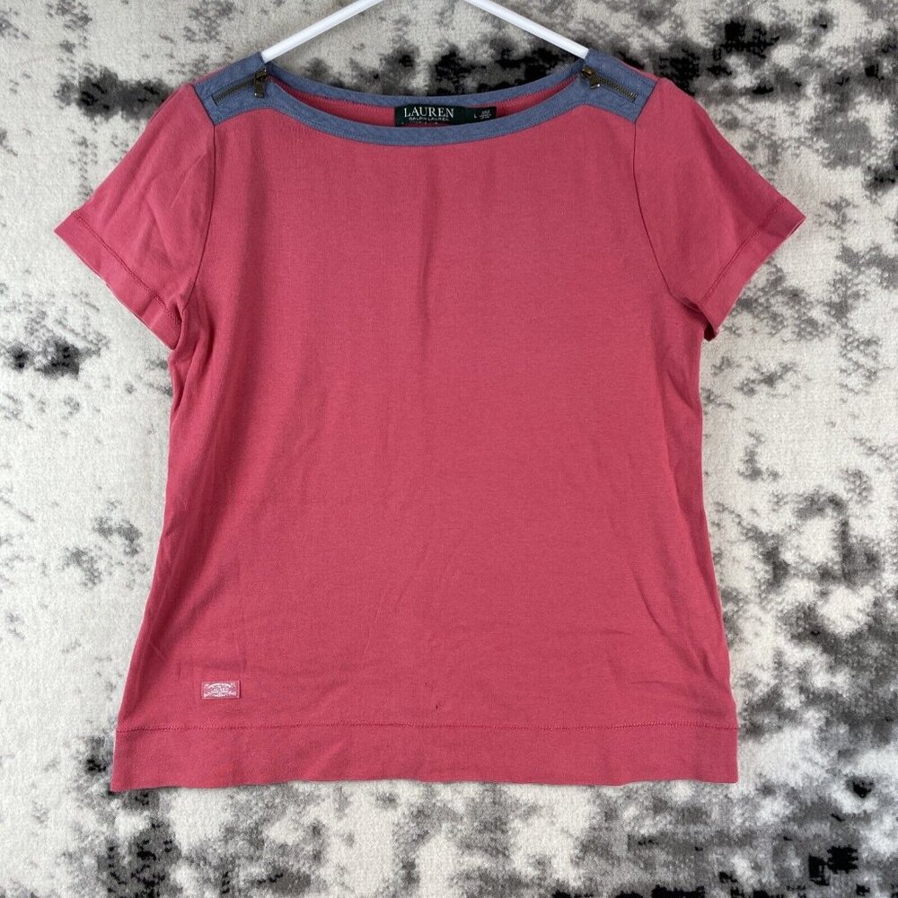 Lauren Ralph Lauren Shirt‎ Women's Size Large Zip Shoulder Pink Cotton